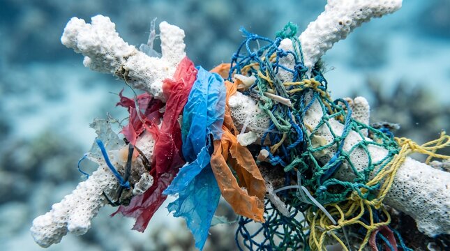 Bleached white coral branch severely tangled in colorful plastic bags and discarded fishing nets underwater, illustrating marine pollution and ocean devastation.