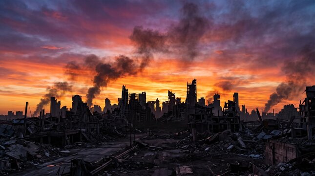Ruined city skyline destroyed by war under a dramatic fiery sunset with smoke rising from debris.