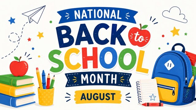 National Back to School Month, August. Holiday illustration.