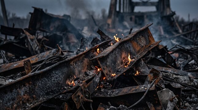 Smoldering twisted steel girders and burning debris of a destroyed structure, representing war devastation, industrial disaster, or aftermath of an explosion.