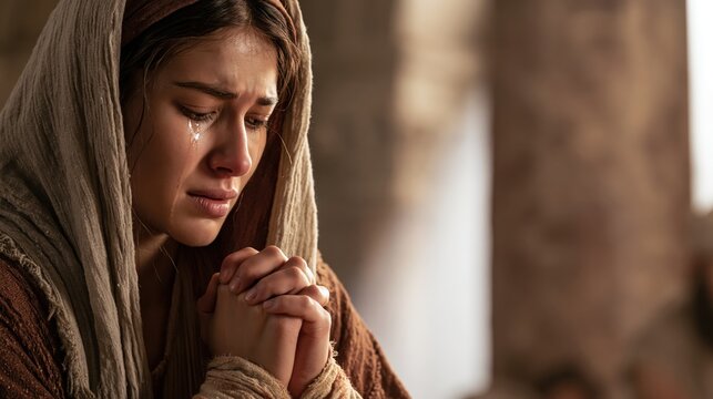 Hannah praying earnestly in the tabernacle with tears in her eyes and longing for a child.
