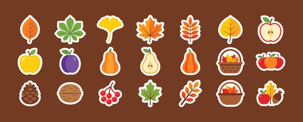 Autumn harvest seasonal fruits and leaves icons set white background and color black with seasonal pinecone vegetation deciduous agriculture september white background and color black © Star_Pixels11