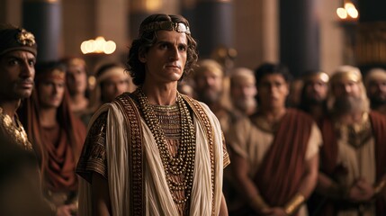 Naklejka premium Joseph revealing his identity to his brothers in the Egyptian palace as they stand in shock and disbelief.