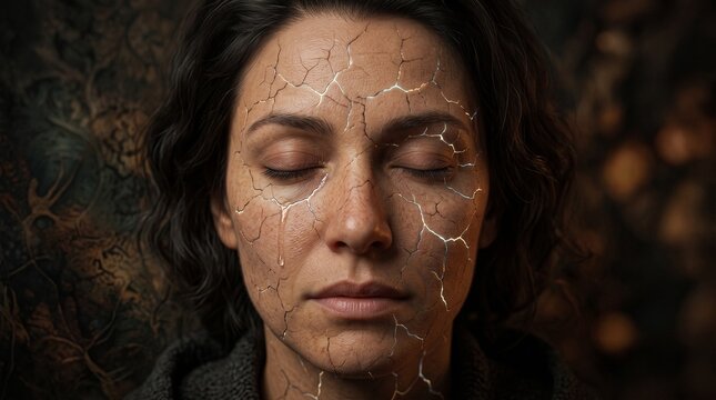 Sad woman with cracked porcelain skin and glowing veins shedding a tear, symbolizing chronic pain, mental health, autoimmune disease, burnout, and kintsugi healing.