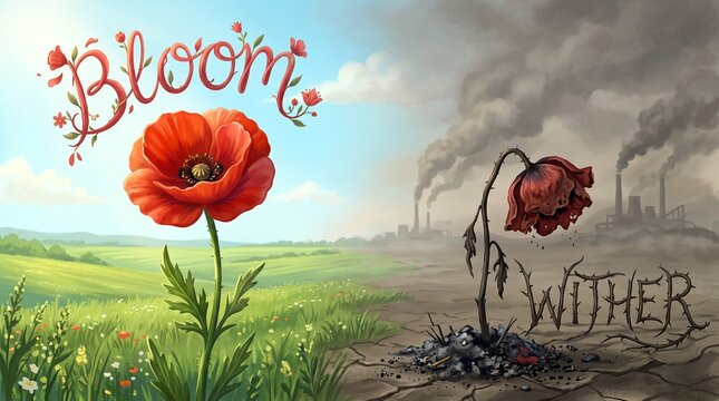 Vibrant blooming poppy symbolizing health and vitality contrasted with a dying wilted flower representing chronic illness, depression, decay, and environmental sickness.