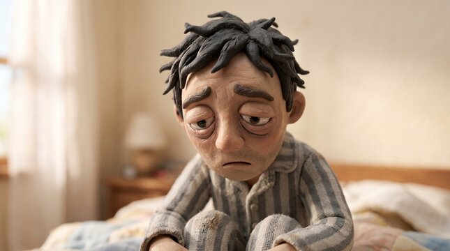Exhausted claymation puppet of a man suffering from chronic fatigue and insomnia sitting on a bed, depicting depression, sleep deprivation, and mental health struggles.