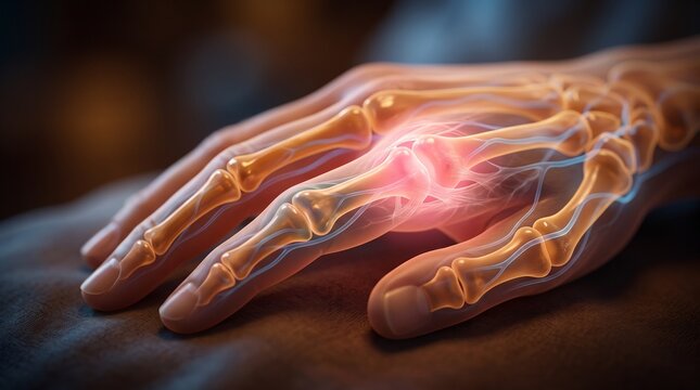 Anatomical hand rendering showing joint pain, glowing red inflammation in the knuckle bone, arthritis, rheumatology, carpal tunnel syndrome, osteoporosis.