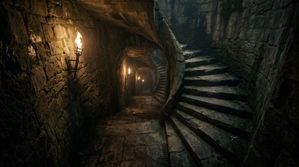 Naklejka premium Ancient Crypt Staircase Descending Beneath Ruined Castle with Flickering Torches