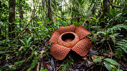 Fototapeta premium Blooming Rafflesia arnoldii giant corpse flower on dense tropical rainforest floor