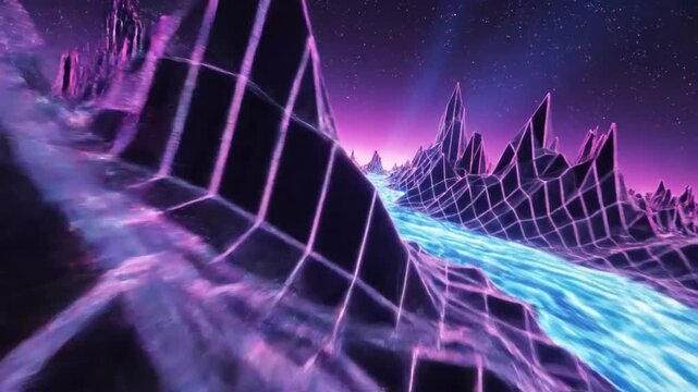 Futuristic wireframe landscape with flowing river, synthwave vaporwave aesthetic, vibrant colors and starry night sky