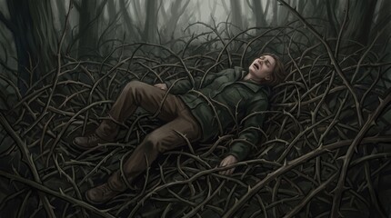 Obraz premium Anguished woman tangled in sharp thorny vines in a dark forest, conceptual illustration of chronic pain, depression, anxiety, and mental health struggle.