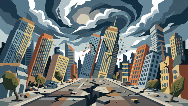 Tornado destroys cityscape with buildings and road