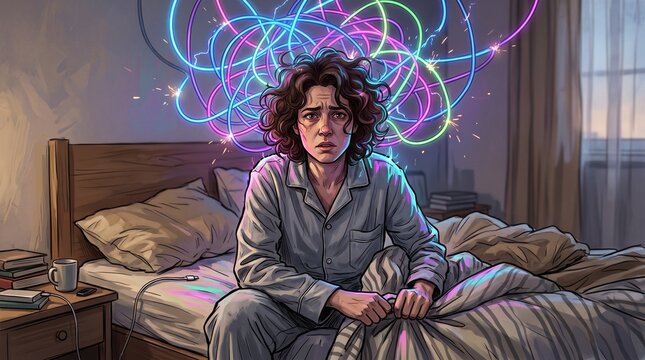 Anxious woman sitting in bed with tangled glowing neon lines above her head representing mental clutter, overthinking, stress, insomnia, and ADHD mental health struggles.