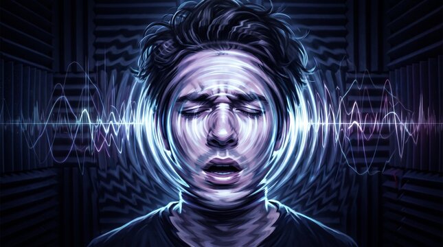 Man experiencing tinnitus and sensory overload with blue soundwaves vibrating through his head, representing migraines, stress, anxiety, and auditory sensitivity.
