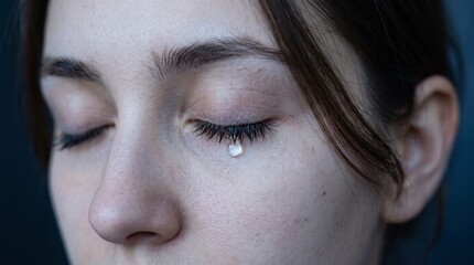 Fototapeta premium Woman crying with eyes closed and a single tear drop on her eyelashes, representing depression, grief, sadness, mental health struggles, and emotional distress.