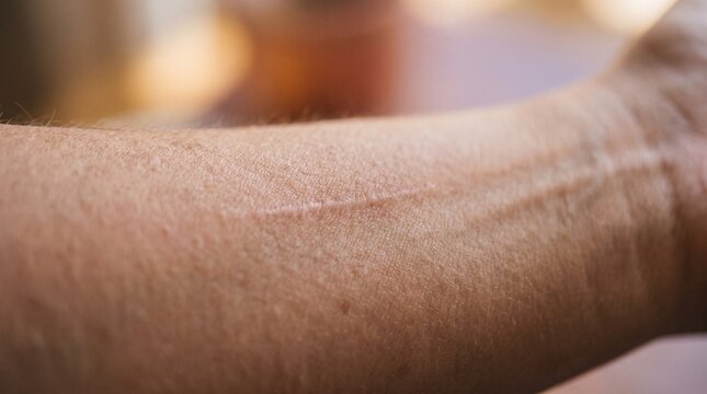 Healed surgical scar on a person's forearm, close-up of skin texture, wound healing, surgical recovery, post-operative mark, dermatological recovery and skin tissue regeneration