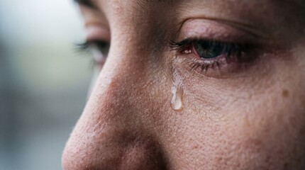 Naklejka premium Close-up of a watery red eye with a tear running down the cheek, depicting crying, grief, sadness, depression, allergic reaction, or conjunctivitis infection.