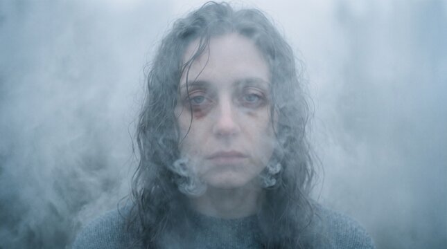Distressed pale woman looking directly at camera through thick smoke and fog, representing mental health issues, depression, exhaustion, chronic illness, and burnout.