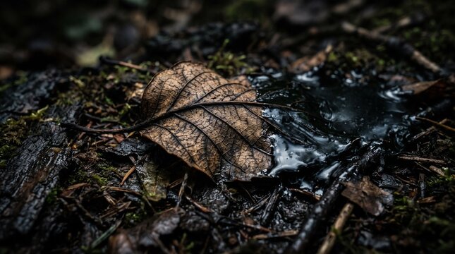 Brown autumn leaf partially submerged in toxic black slime, representing environmental disease, biological contamination, decay, and health hazards in nature.