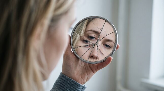 Young woman looking at her fragmented reflection in a small broken mirror, depicting depression, identity crisis, mental health struggles, and psychological distress.