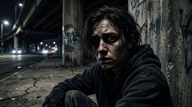 Traumatized young person shivering under an urban bridge at night, depicting homelessness, mental illness, drug addiction, fear, and despair in a gritty city setting.