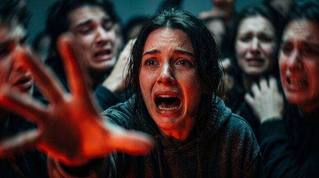 Distressed woman screaming in terror and panic among a crowd, conveying intense anxiety, mass hysteria, mental health crisis, and psychological trauma.