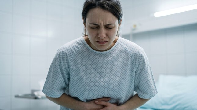 Young woman in hospital gown clutching her stomach in severe pain, grimacing from abdominal ache, medical patient suffering in clinical room.