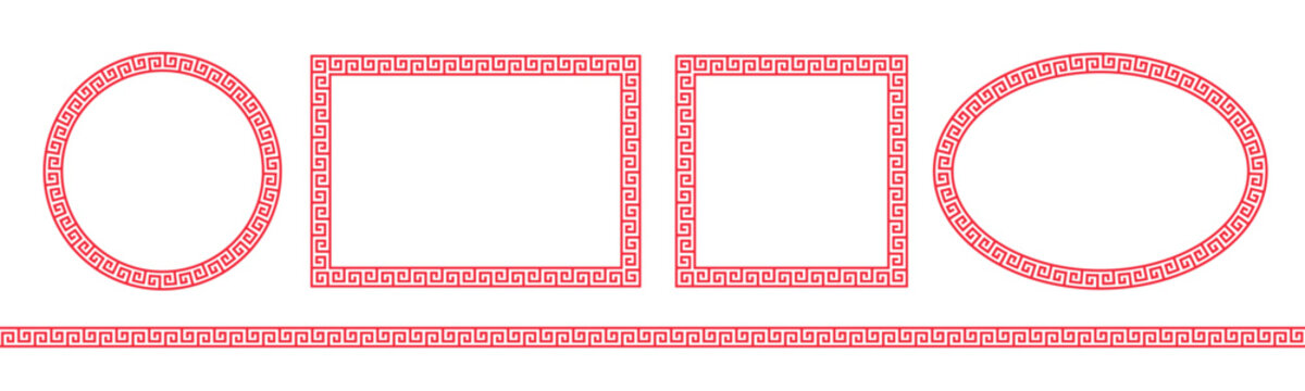 Chinese pattern. Greek frame, seamless stripes. Greece circle, oval, ellipse, rectangle, square. Roman border isolated on white background. Round china boarder. Chinatown lines. Vector illustration