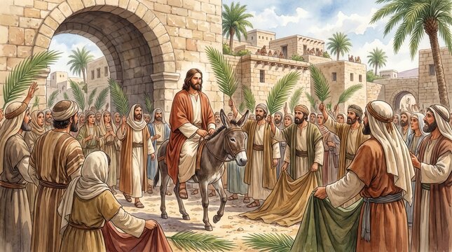 Triumphal entry of Jesus into Jerusalem on a donkey. Palm Sunday biblical scene with crowd and palm branches. New Testament illustration