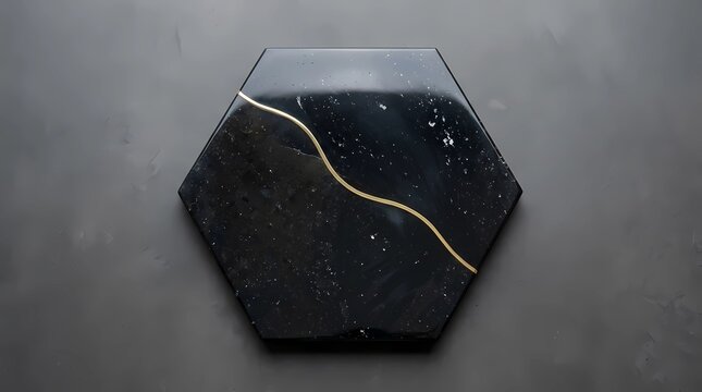 Minimalist hexagonal black obsidian plate with a wavy gold line on a grey concrete background