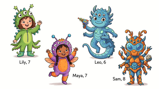 Diverse children in creative alien and space costumes