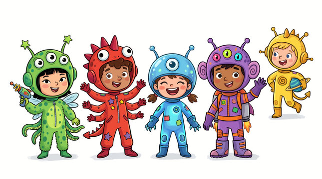 Kids wearing colorful alien and monster outfits