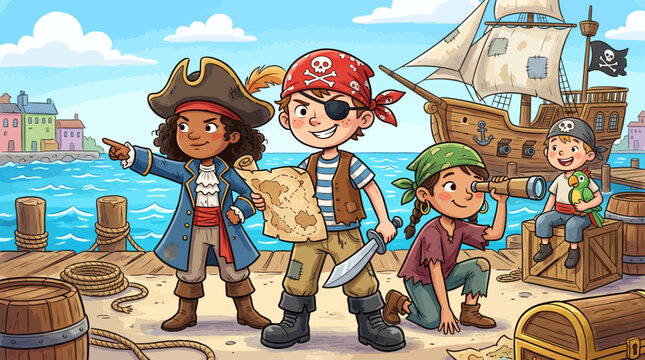 Young pirates exploring with map and spyglass on dock