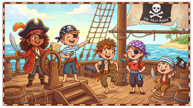 Group of cute young children playing as pirates on ship