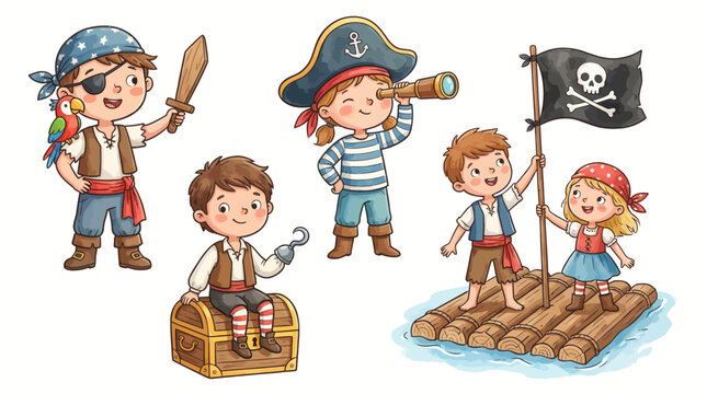 Cute cartoon pirate children characters with white