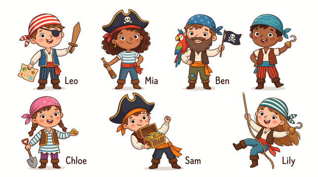 Set of cute cartoon pirate children characters