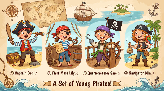 Educational poster showing a set of young pirate crew