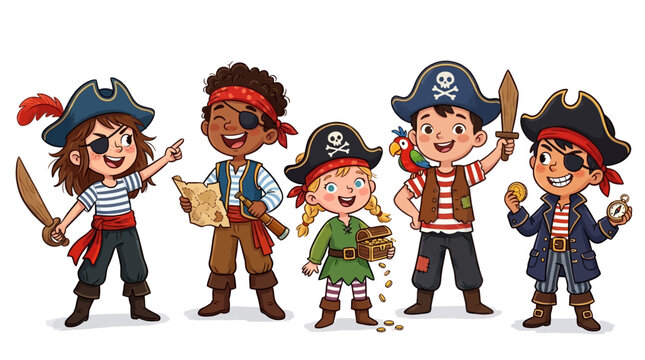 Happy children dressed as pirates with treasure map