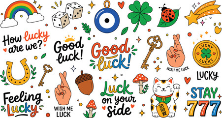 Naklejka premium Retro lucky charm sticker set with typography quote slogans horseshoe rainbow clover and cat flat cartoon vector illustration
