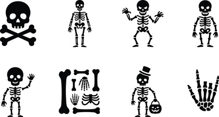 Naklejka premium Halloween Skeleton and Skull Silhouette Icon Set Featuring Bones Spooky Characters and Seasonal Horror Symbols