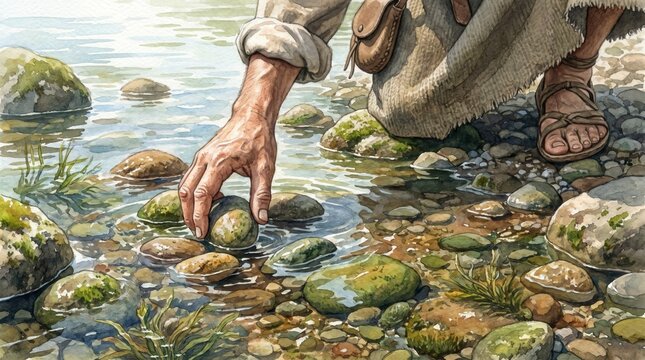Close up of hand picking smooth stones from a river bed. Old Testament David and Goliath concept. Watercolor illustration of ancient shepherd selecting stones from a stream