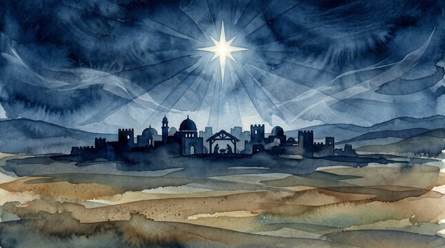Bright star shining in the night sky over Bethlehem silhouette. Christmas nativity scene with holy family in stable. Watercolor illustration of the star of Bethlehem