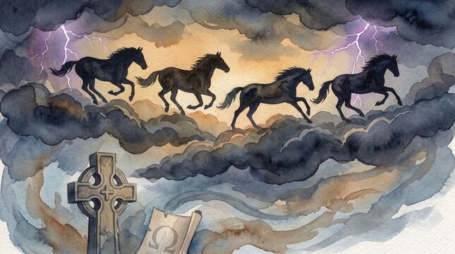 Four horses silhouettes galloping through dark storm clouds with lightning. Biblical Revelation apocalypse theme. Celtic cross and omega scroll illustration