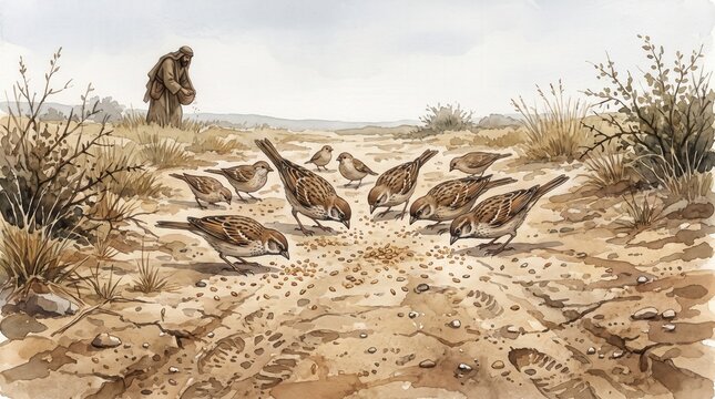 Birds eating seeds from hard beaten path. Biblical Parable of the Sower watercolor illustration. Sparrows pecking seeds on dirt road