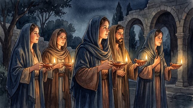 Five wise virgins holding burning oil lamps in the dark night. Biblical parable of the ten virgins watercolor. Prepared women with light concept