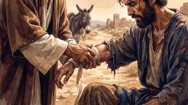 Close up of hands bandaging a wound on a dirt road. Good Samaritan parable theme of mercy and care. Biblical watercolor illustration
