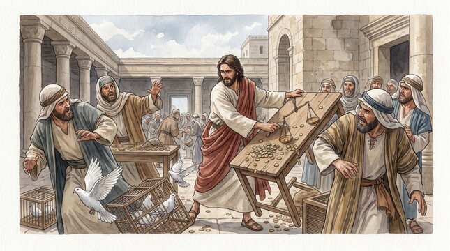 Jesus Christ overturning tables of money changers in the temple. Biblical scene of cleansing the temple. New Testament illustration