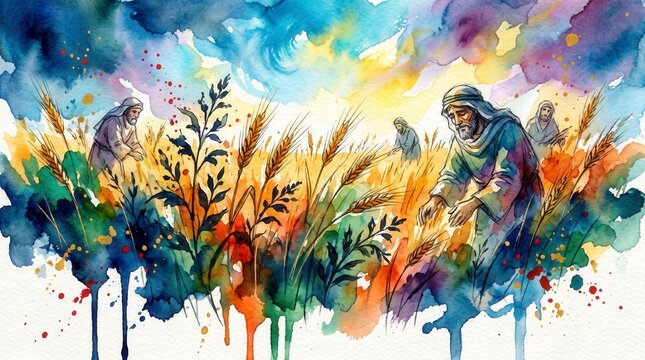 Wheat and weeds growing together in a field with workers. Biblical parable of the tares watercolor illustration