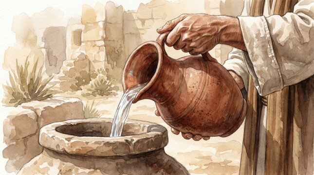 Close up of hand pouring water from clay pitcher into stone jar. Biblical concept of purification or miracle at Cana. Watercolor illustration of ancient water vessel
