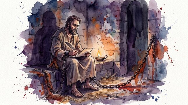 Apostle Paul writing letters in dark prison cell. Early Church biblical theme watercolor illustration. Paul in chains writing epistles